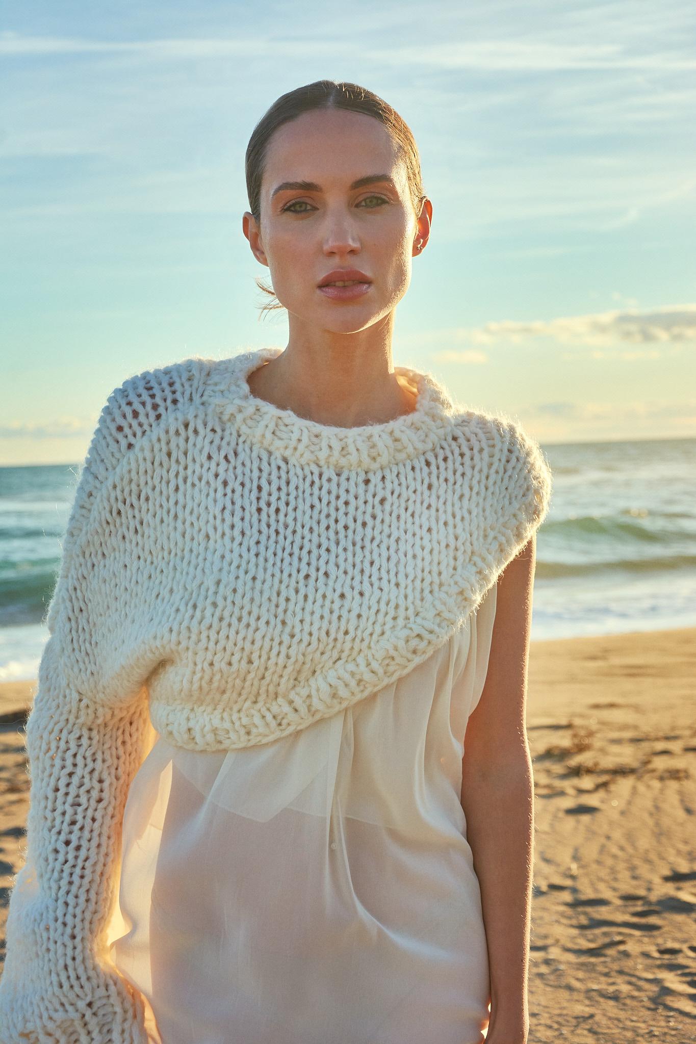 Portrait from coastal fashion editorial photographed on Castelldefels beach