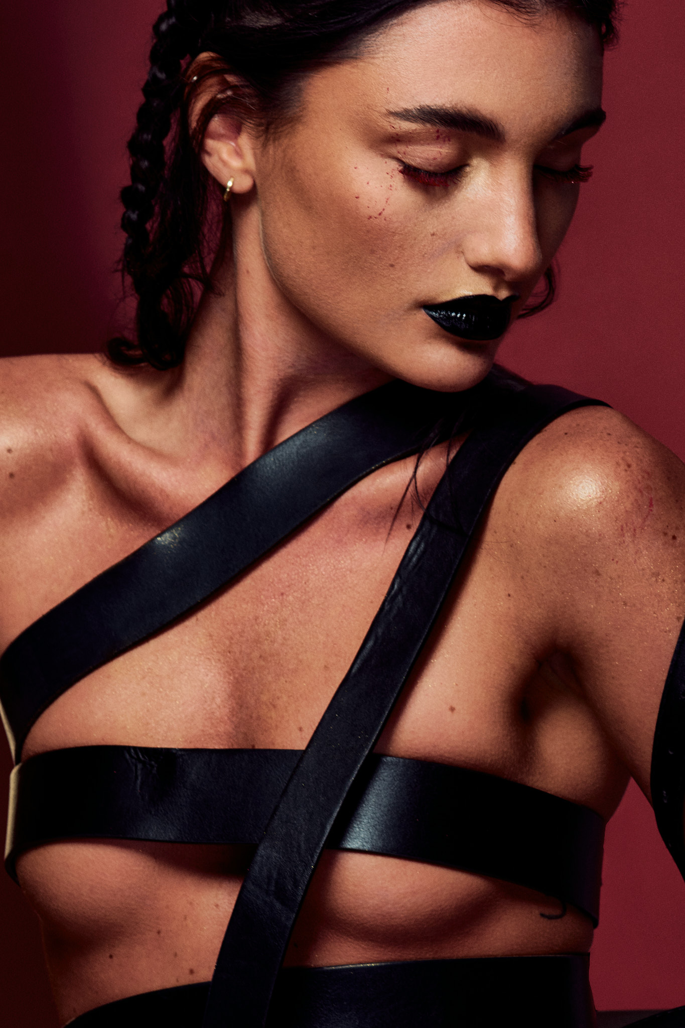 beauty editorial portrait model with black tape styling concept