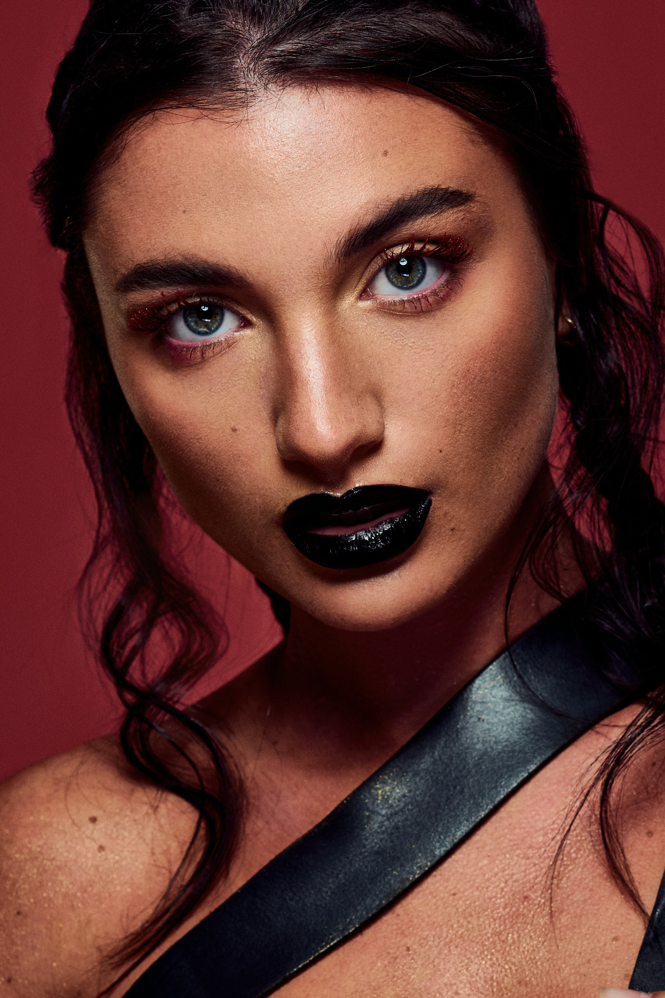 beauty editorial portrait model with black lipstick close up