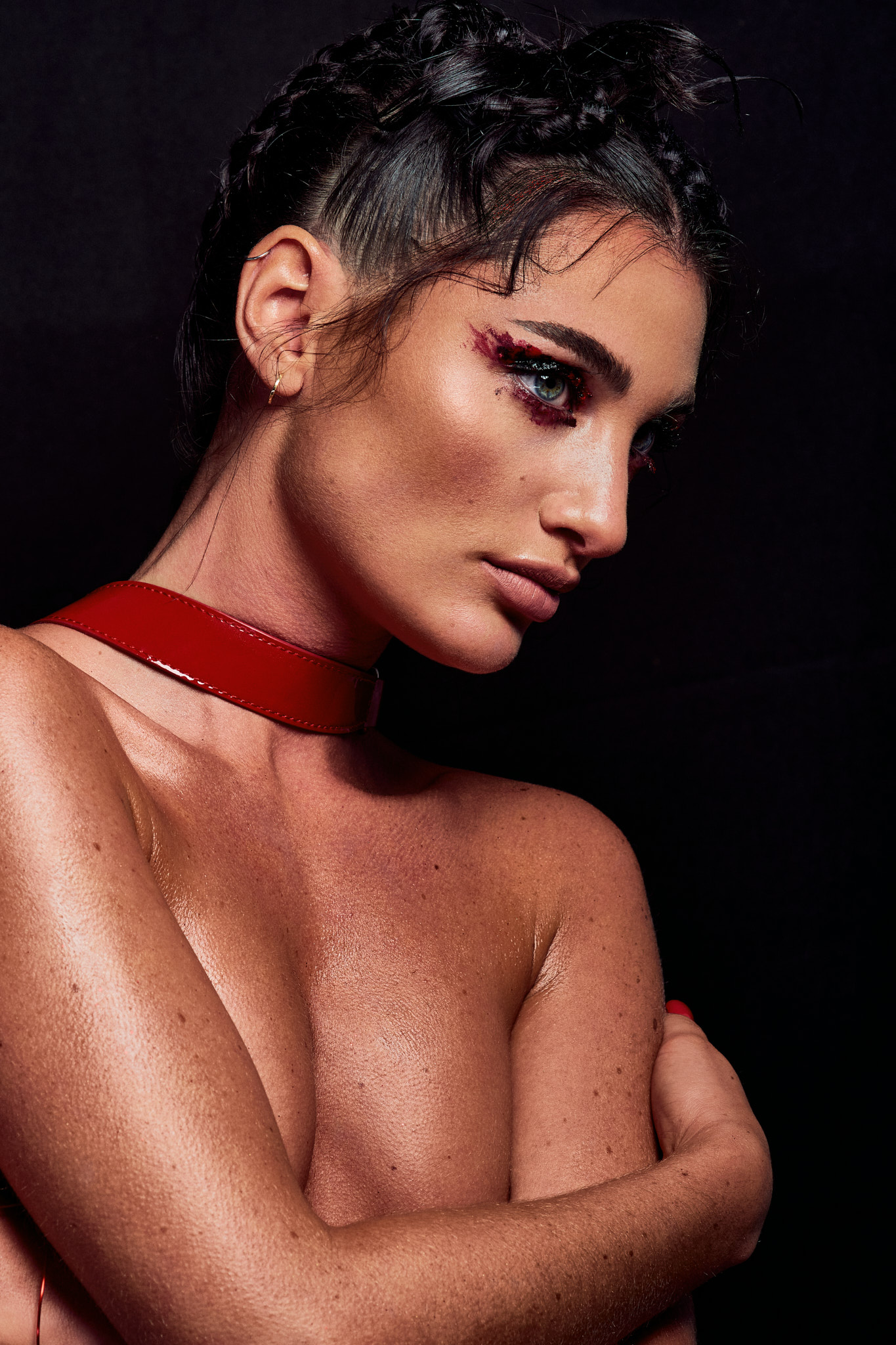 beauty editorial portrait model with red makeup and necklace