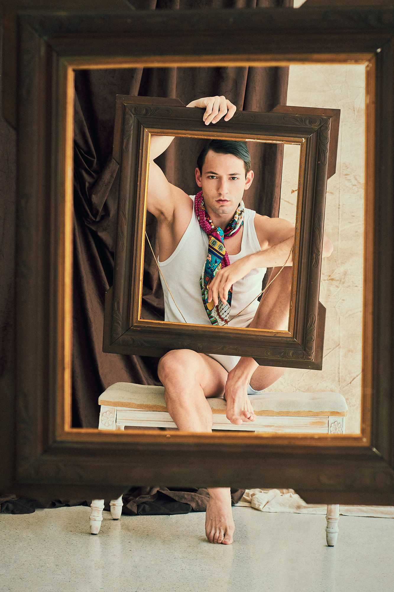 conceptual fashion editorial portrait framed composition studio